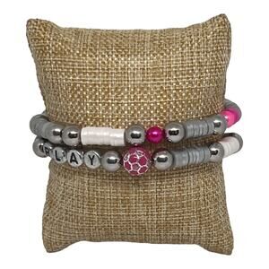 Pink & Silver Stretch Soccer Friendship Beaded Sports Fan Bracelet